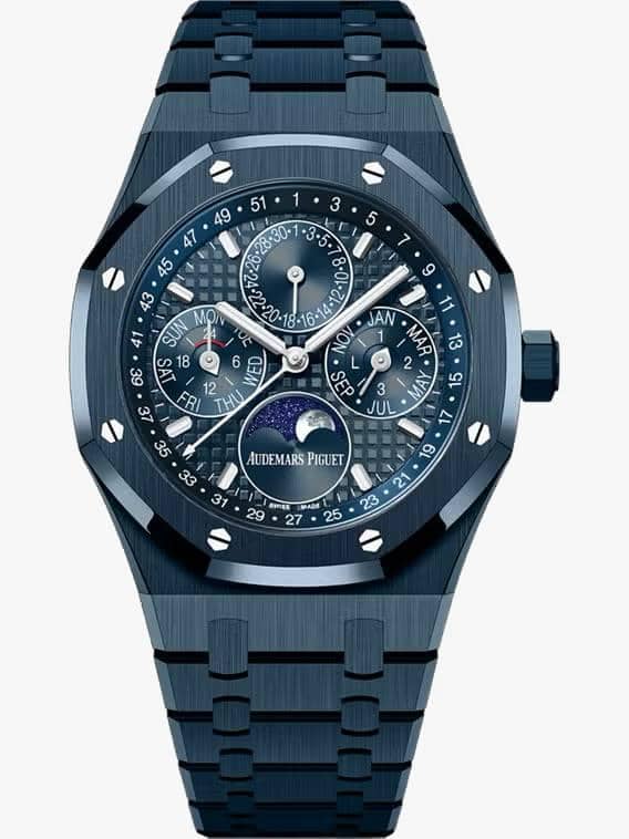 Jam tangan Audemars Piguet Royal Oak Selfwinding Perpetual Calendar berwarna biru dengan tampilan kalender dan fase bulan di dial.
