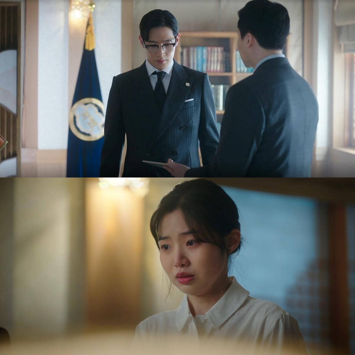 Adegan dari drama Korea Perfect Crown menampilkan seorang pria berjas hitam berbicara serius dengan pria lain dan seorang wanita tampak sedih.