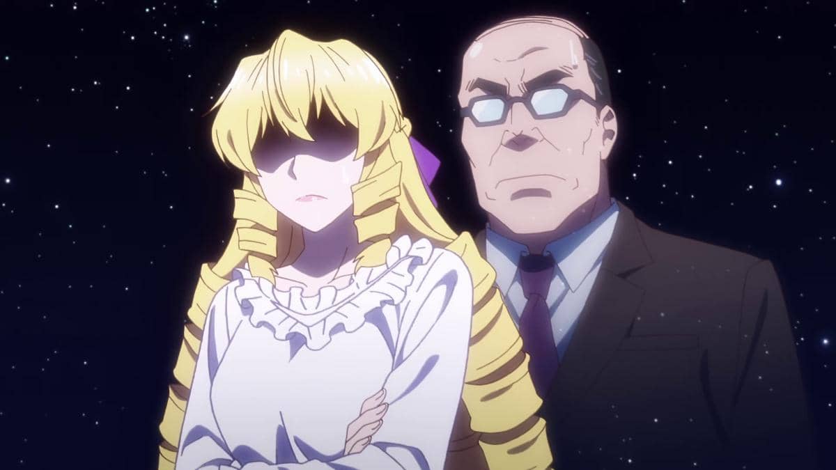Dua karakter anime berdiri berdampingan di latar langit berbintang, seorang perempuan berambut pirang dan pria berkacamata mengenakan setelan jas.