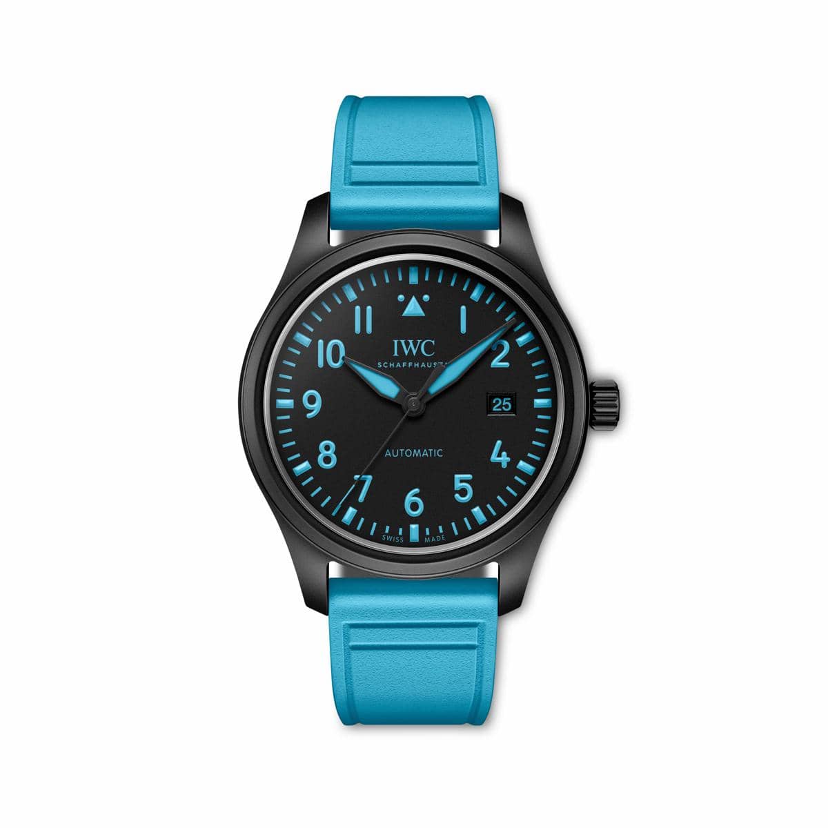 Jam tangan IWC Pilot's Watch Automatic 41 Edition George Russell dengan tali biru dan dial hitam beraksen angka biru muda.
