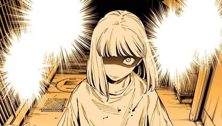 Ilustrasi karakter Miyaguni saat masih kecil dengan ekspresi tajam dan latar lorong bercahaya dari manga Jujutsu Kaisen.