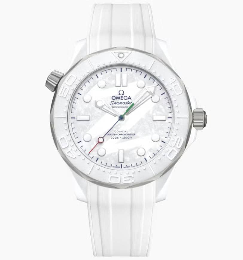 Jam tangan Omega Seamaster Diver 300M edisi Milano Cortina Paralympics dengan dial putih dan tali karet putih elegan.