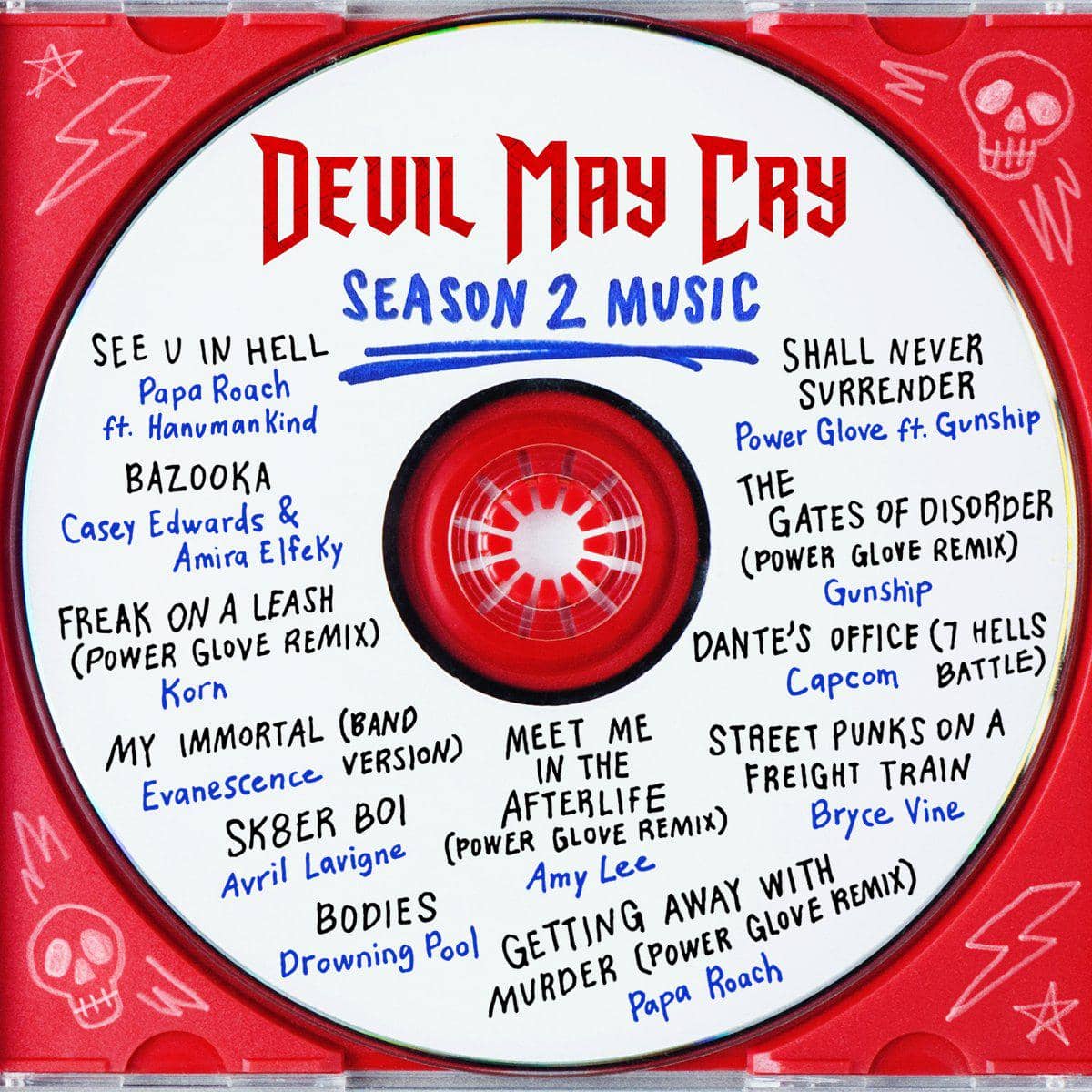 CD bertuliskan Devil May Cry Season 2 Music dengan daftar lagu dari berbagai artis seperti Papa Roach, Korn, Evanescence, dan Avril Lavigne.