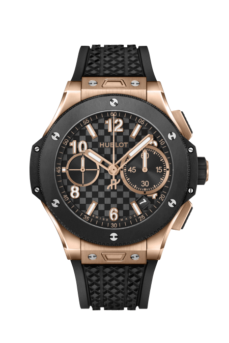 Jam tangan Hublot Big Bang Original King Gold Ceramic dengan casing emas mawar dan bezel keramik hitam serta tali karet hitam.