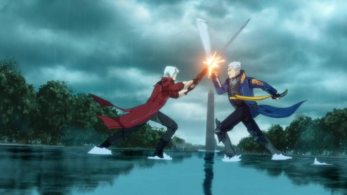 Dua karakter anime bertarung dengan pedang di tengah hujan, satu mengenakan mantel merah dan lainnya berjaket biru di atas genangan air.