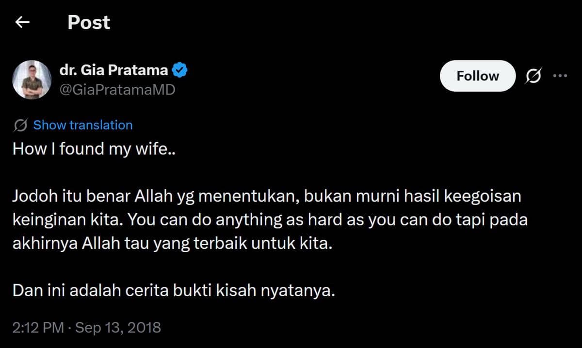 Tangkapan layar unggahan di platform X dari akun dr. Gia Pratama yang menulis tentang kisah pertemuan dengan istrinya dan makna jodoh.