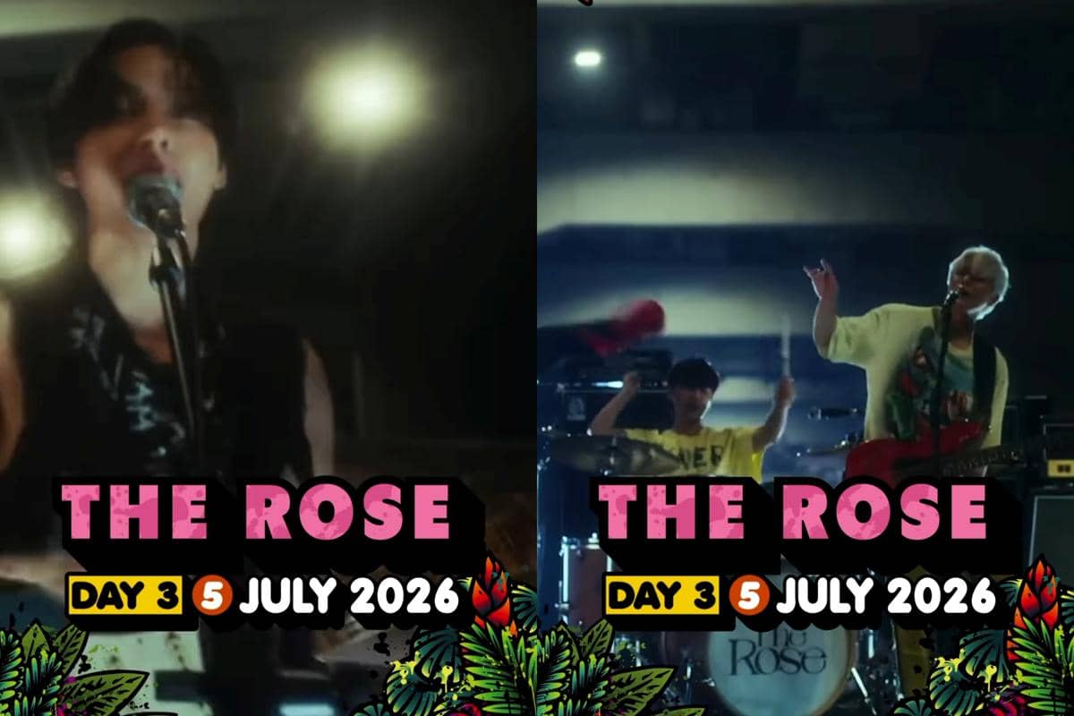 Grup band The Rose tampil di atas panggung dengan pencahayaan panggung redup, menampilkan jadwal tampil pada 5 Juli 2026 di Prambanan Jazz.