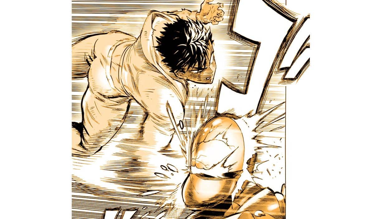 Karakter Suiko dari manga One Punch Man melancarkan pukulan terakhirnya ke arah lawan dengan kekuatan penuh dalam adegan pertarungan intens.