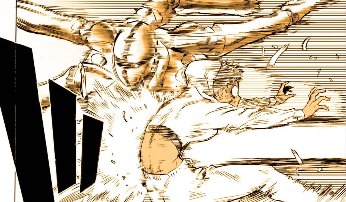 Karakter Suiko terpukul keras oleh Machine God Mirror dalam adegan pertarungan intens dari manga One Punch Man.