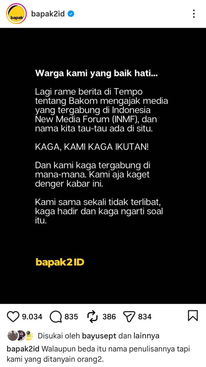 Pernyataan sikap bapak2id (Instagra/@bapak2id)