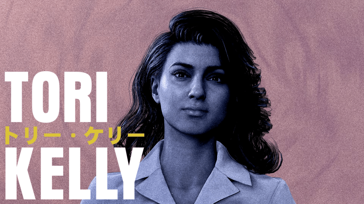 Karakter perempuan digital berambut panjang dengan latar ungu, menampilkan tulisan besar 'Tori Kelly' dan huruf Jepang di sampingnya.
