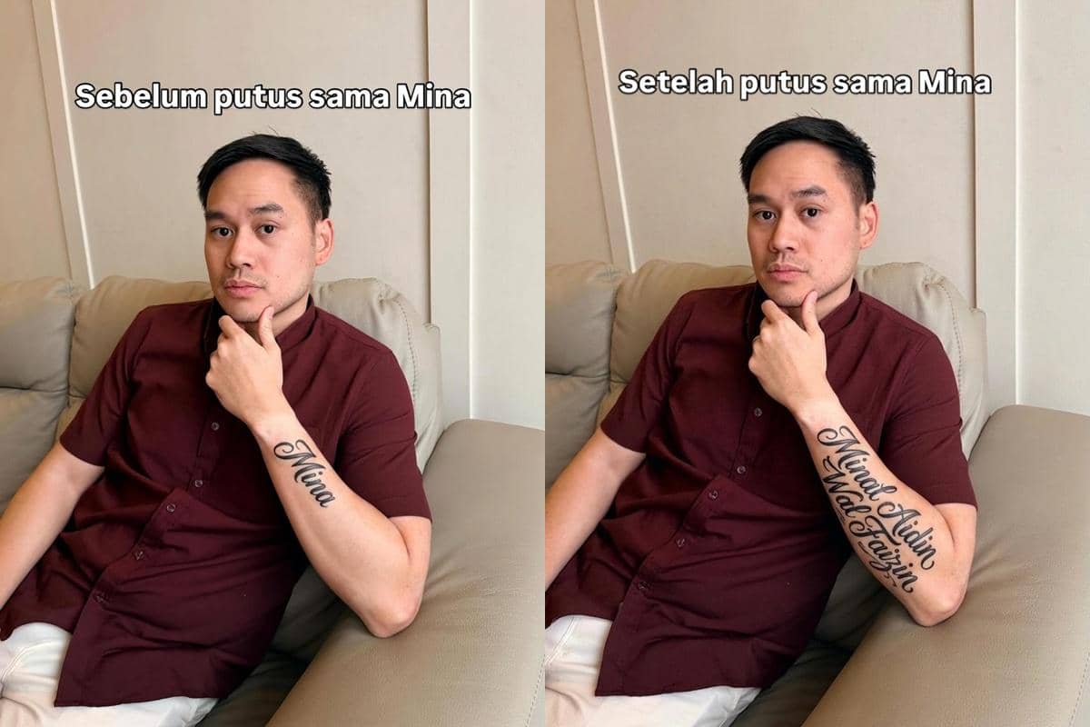 Seorang pria duduk di sofa mengenakan kemeja marun dengan tato di lengan bertuliskan nama yang berbeda sebelum dan sesudah putus cinta.