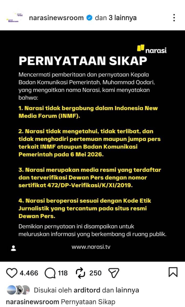 Pernyataan sikap Narasi (Instagram @narasinewsroom)