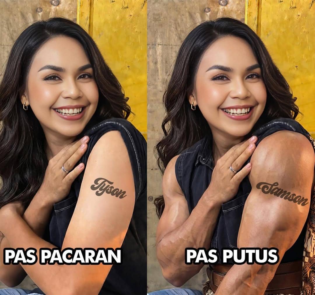 Seorang wanita tersenyum memperlihatkan tato di lengannya dengan tulisan berbeda pada dua foto, menunjukkan perubahan sebelum dan sesudah putus cinta.