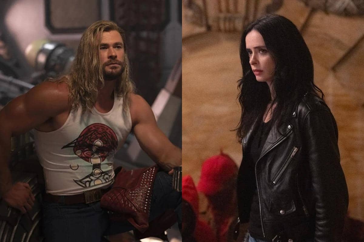Thor mengenakan kaus tanpa lengan dan Jessica Jones dengan jaket kulit hitam tampil dalam adegan dari produksi Marvel Studios.