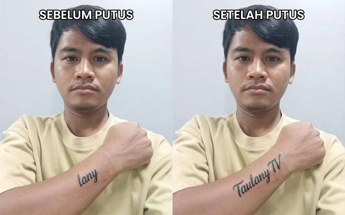 Pria mengenakan kaus krem memperlihatkan tato di lengan bertuliskan 'lany' sebelum putus dan berubah menjadi 'Taulany TV' setelah putus.