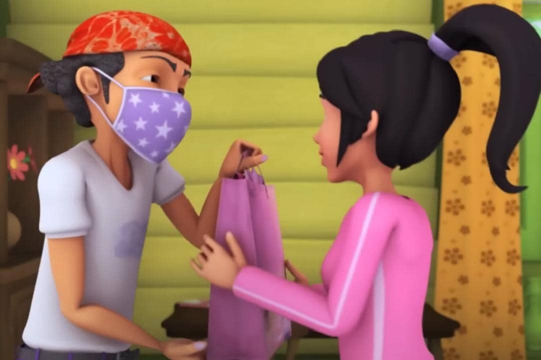 interaksi Abang Salleh dengan Kak Ros saat mengantarkan pesanan baju di episode "Bahaya Jerebu"