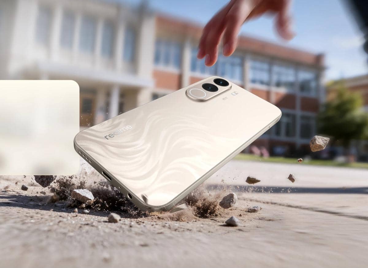 ilustrasi realme C100x yang tahan terkena benturan kuat