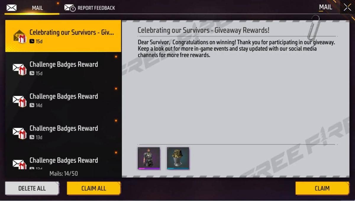 Semua hadiah penukaran kode akan dikirim melalui in-game email. 