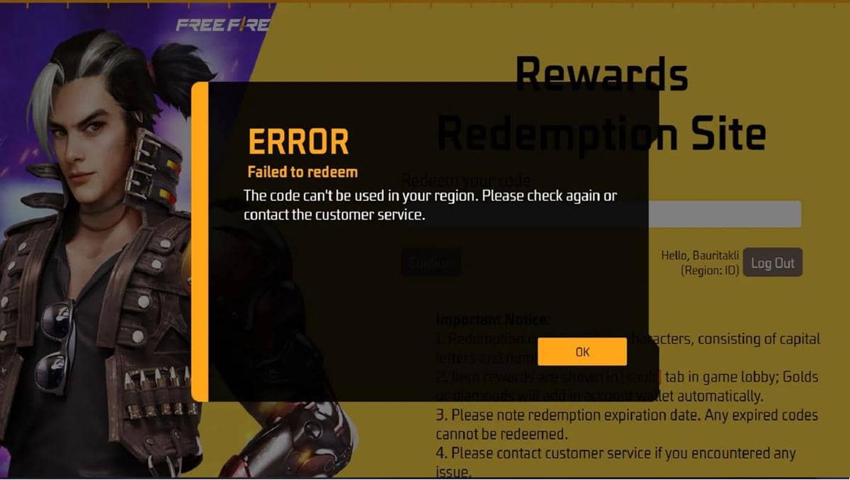kegagalan redeem kode di website Garena Free Fire 