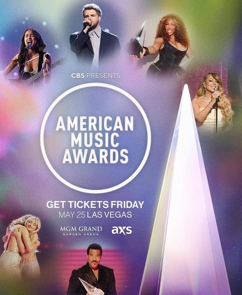 Poster promosi American Music Awards 2026 menampilkan beberapa penyanyi tampil di panggung dengan latar warna-warni dan logo acara di tengah.