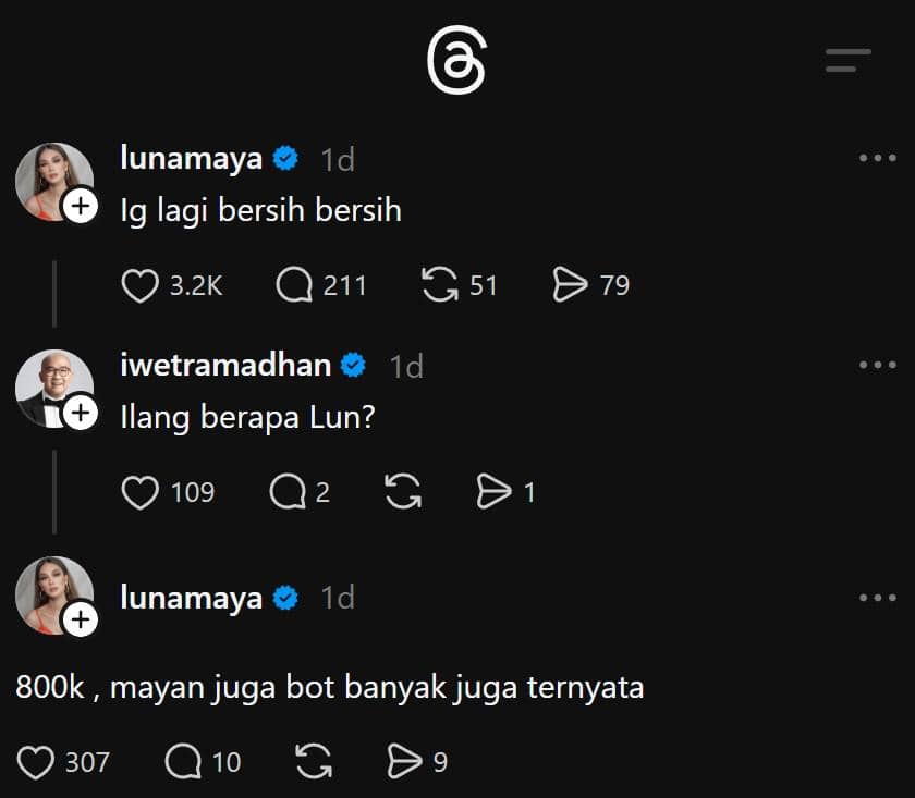 Tangkapan layar percakapan di Threads antara dua akun terverifikasi yang membahas kehilangan pengikut di media sosial.