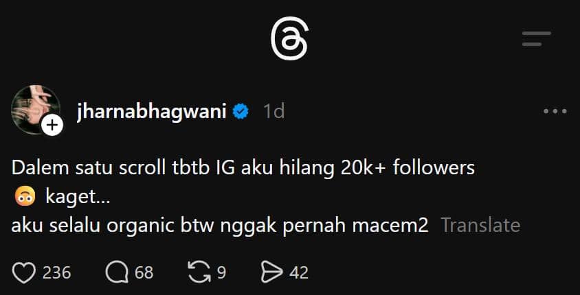 Tangkapan layar unggahan akun Threads jharnabhagwani yang menulis tentang kehilangan lebih dari 20 ribu pengikut di Instagram.