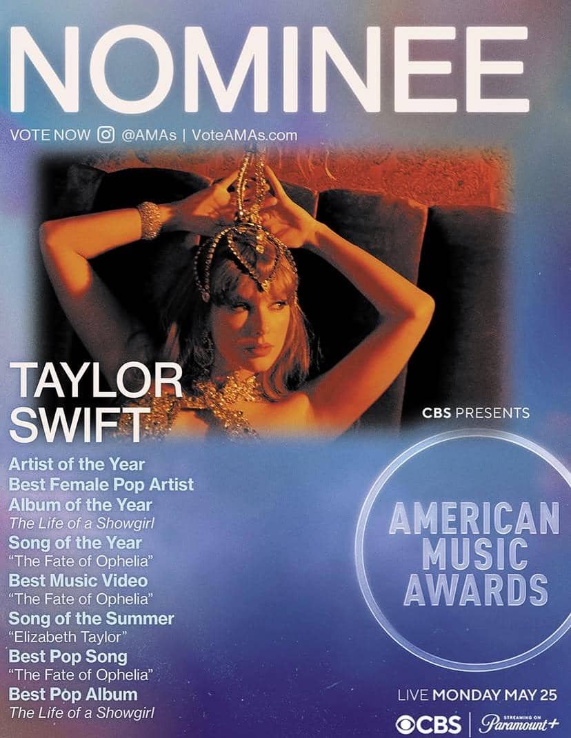 Poster nominasi American Music Awards 2026 menampilkan seorang perempuan berpose dengan hiasan kepala dan daftar kategori penghargaan.