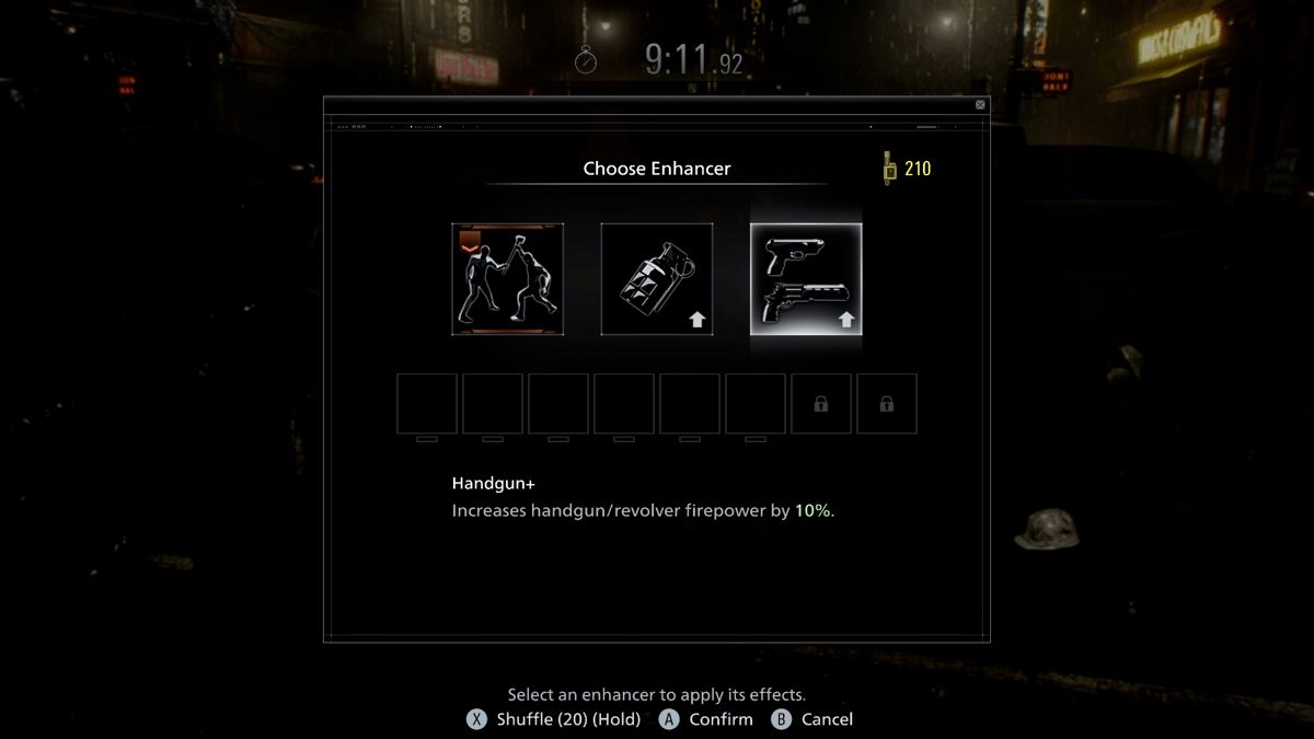 Tampilan menu mode Leon Must Die Forever di Resident Evil Requiem dengan opsi peningkatan senjata Handgun+ yang meningkatkan daya tembak 10 persen.