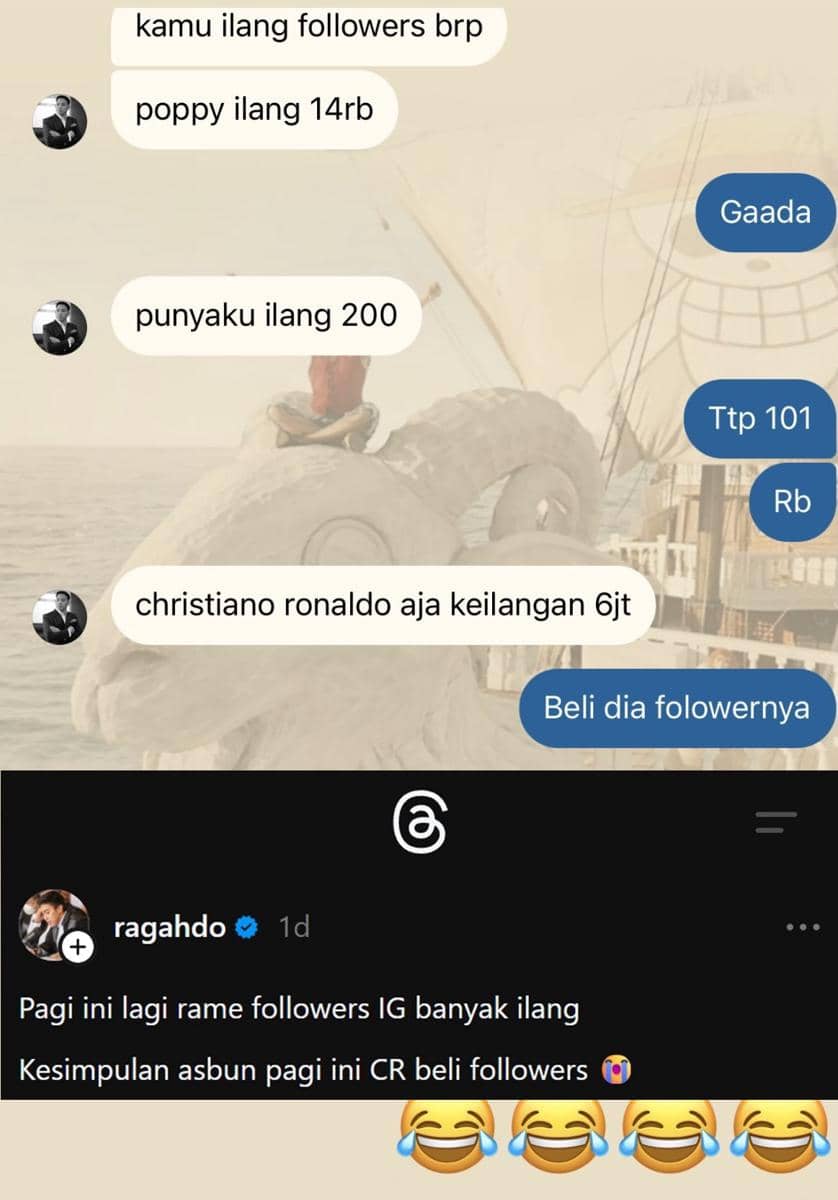 Tangkapan layar percakapan lucu tentang kehilangan followers Instagram dengan komentar pengguna yang menyinggung fenomena penurunan pengikut.