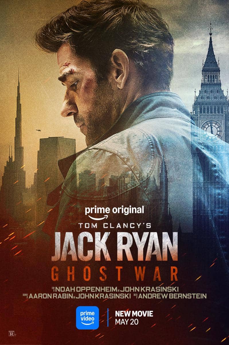 Poster film Tom Clancy’s Jack Ryan: Ghost War menampilkan sosok pria berwajah serius dengan latar gedung ikonik dan suasana tegang.