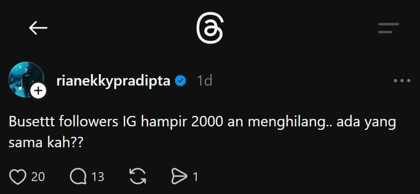 Tangkapan layar unggahan Threads dari akun terverifikasi yang mengeluhkan kehilangan hampir dua ribu pengikut Instagram.