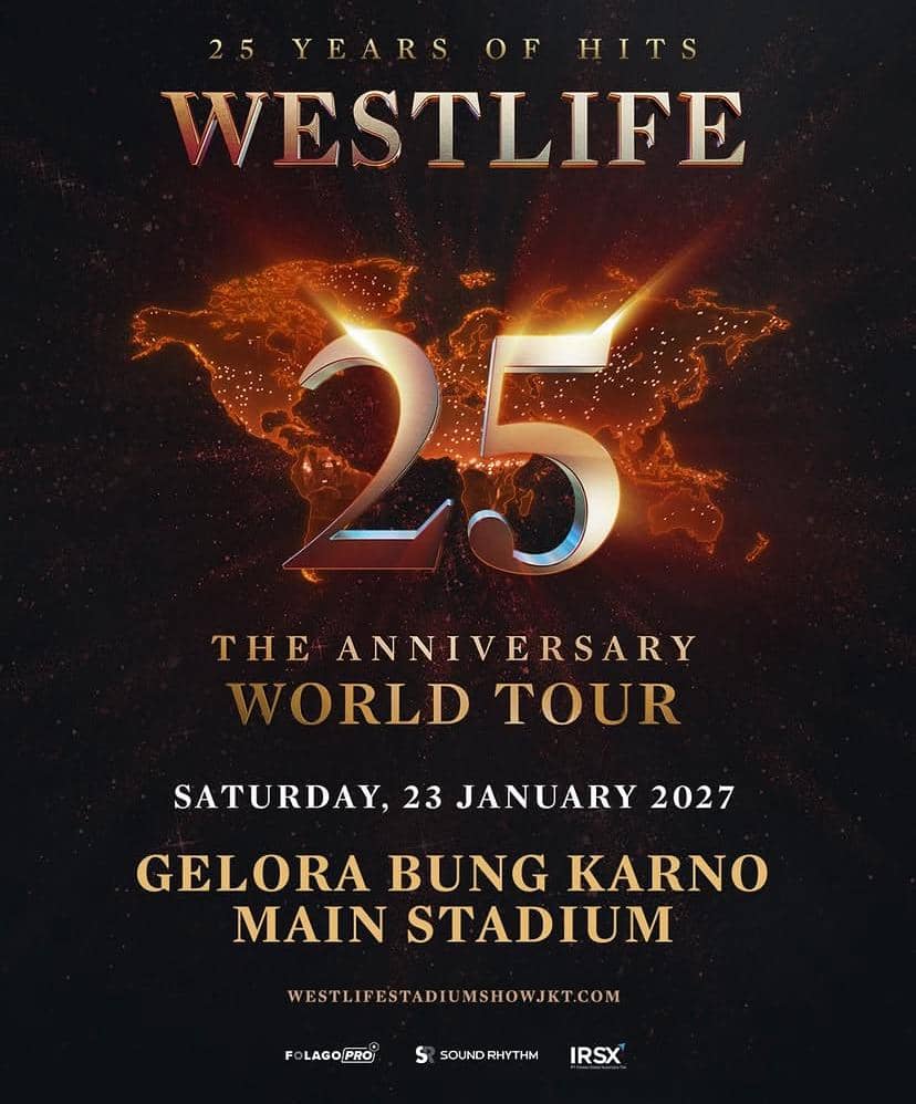 Poster tur dunia peringatan 25 tahun Westlife yang dijadwalkan berlangsung di Stadion Utama Gelora Bung Karno pada 23 Januari 2027.