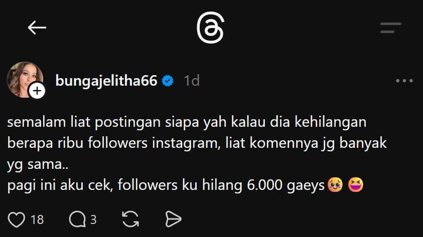 Tangkapan layar unggahan akun Threads bungajelitha66 yang menulis tentang kehilangan enam ribu pengikut di Instagram.