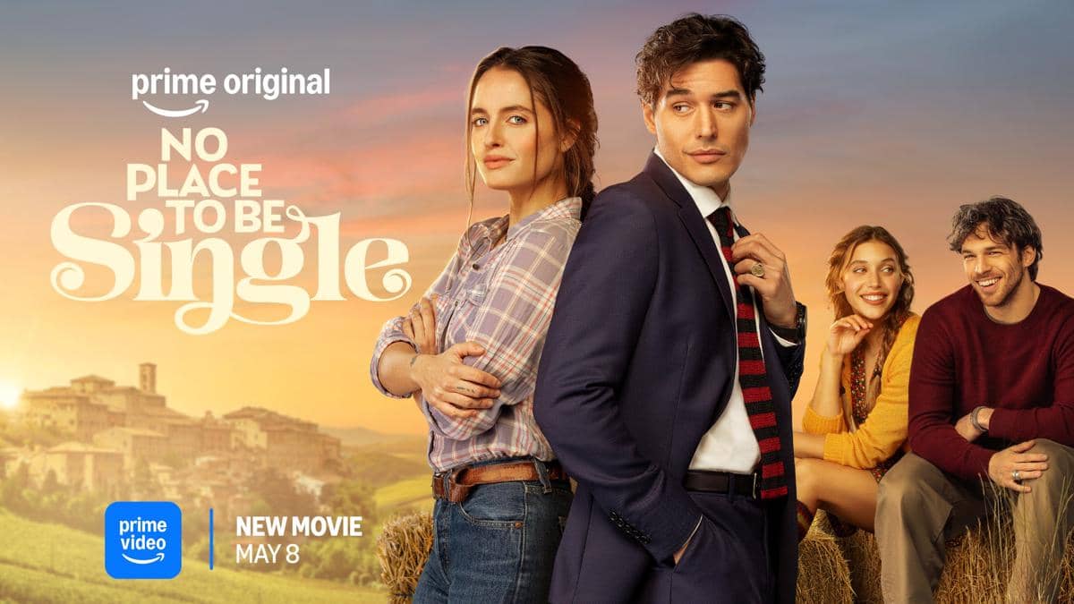 Poster film No Place To Be Single menampilkan empat karakter utama dengan latar pedesaan saat matahari terbenam.