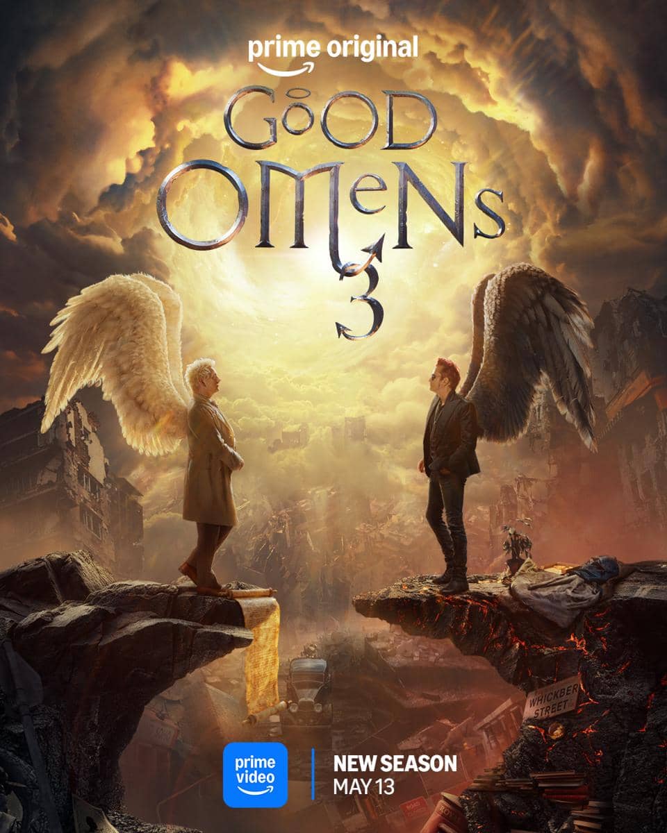 Poster serial Good Omens Season 3 menampilkan dua sosok bersayap berdiri di tebing terpisah dengan latar langit bercahaya dramatis.