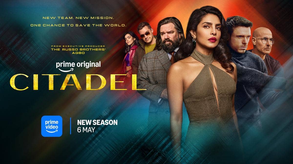Poster serial Citadel Season 2 menampilkan beberapa karakter utama dengan latar warna biru dan oranye serta logo Prime Video.