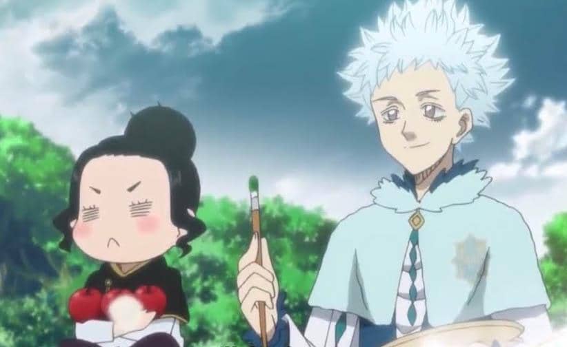 Charmy dan Riil dari anime Black Clover sedang bersama di luar ruangan, Riil memegang kuas sementara Charmy tampak kesal.