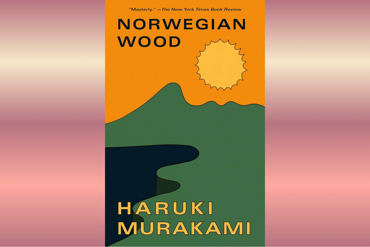 Sampul buku Norwegian Wood karya Haruki Murakami dengan ilustrasi gunung hijau, langit oranye, dan matahari bergaya minimalis.