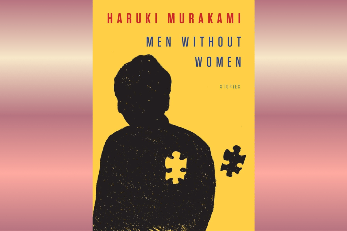 Sampul buku Men Without Women karya Haruki Murakami dengan siluet pria hitam berlatar kuning dan potongan puzzle di bahunya.