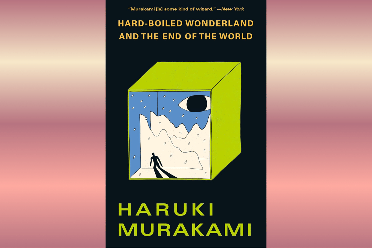 Sampul buku Hard-Boiled Wonderland and the End of the World dengan ilustrasi kotak hijau berisi siluet manusia dan mata besar di langit biru.