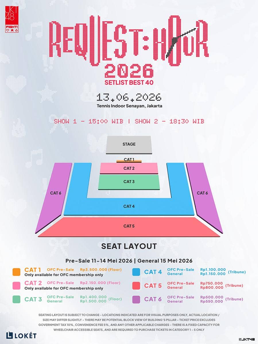 Tata letak tempat duduk konser JKT48 Request Hour 2026 di Tennis Indoor Senayan, menampilkan enam kategori area penonton dengan warna berbeda.