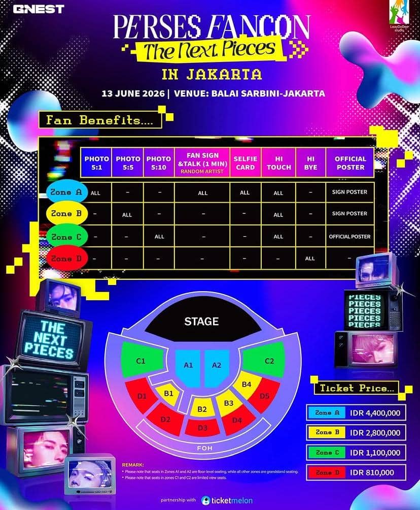 Poster jadwal dan harga tiket fancon PERSES The Next Pieces di Balai Sarbini Jakarta tahun 2026 lengkap dengan zona tempat duduk dan benefit penggemar.