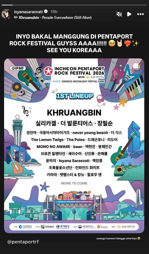 Unggahan Instagram menampilkan pengumuman Isyana Sarasvati masuk lineup Incheon Pentaport Rock Festival 2026 bersama berbagai musisi internasional.