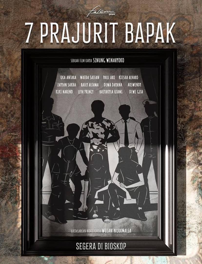 Poster teaser film 7 Prajurit Bapak menampilkan siluet tujuh tokoh dalam bingkai hitam dengan latar dinding bertekstur artistik.