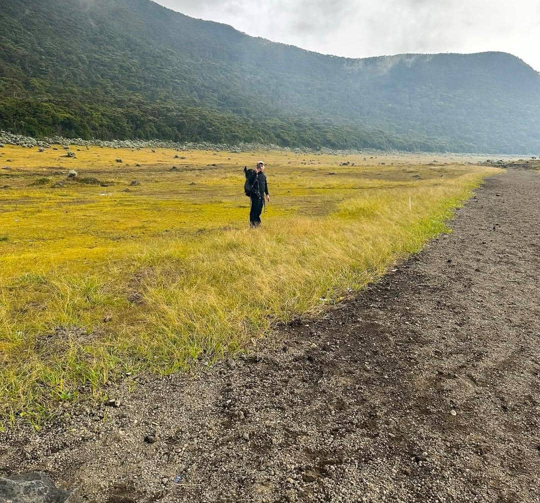 Seorang pendaki berdiri di padang rumput luas dengan latar pegunungan hijau di kawasan Gunung Gede yang berkabut.