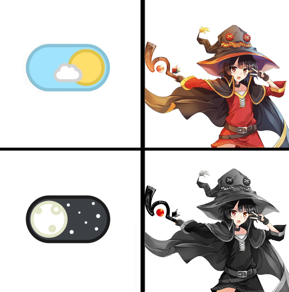 Meme anime menampilkan karakter penyihir perempuan dengan dua versi pakaian, berwarna cerah di siang hari dan hitam bergaya gotik di malam hari.