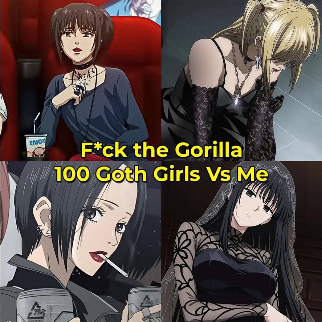 Kolase empat karakter anime perempuan bergaya gotik dengan teks humor berwarna kuning di tengah gambar.