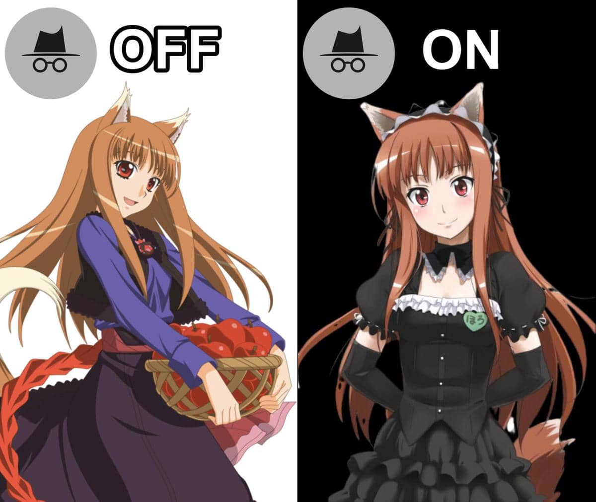 Ilustrasi karakter anime perempuan berambut cokelat dengan telinga rubah, mengenakan pakaian kasual di sisi kiri dan gaun gotik hitam di sisi kanan.