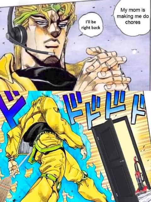 Meme anime menampilkan karakter dengan headset yang berhenti bermain untuk membersihkan kamar setelah dipanggil ibunya.